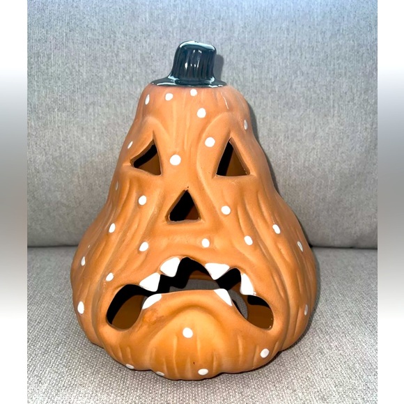 TERRACOTTA JACK O LANTERN GOURD 9.5" melty monster face squash Halloween RARE - Picture 1 of 5